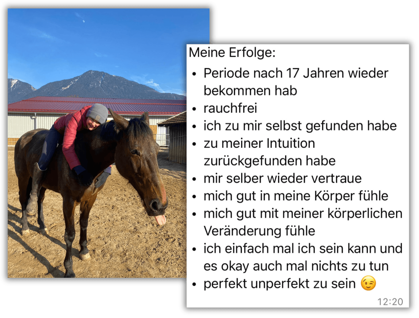 Vroni lachend auf ihrem Pferd vor den Bergen, daneben ihre Liste „Meine Erfolge“: Periode nach 17 Jahren wieder, rauchfrei, zu sich selbst gefunden