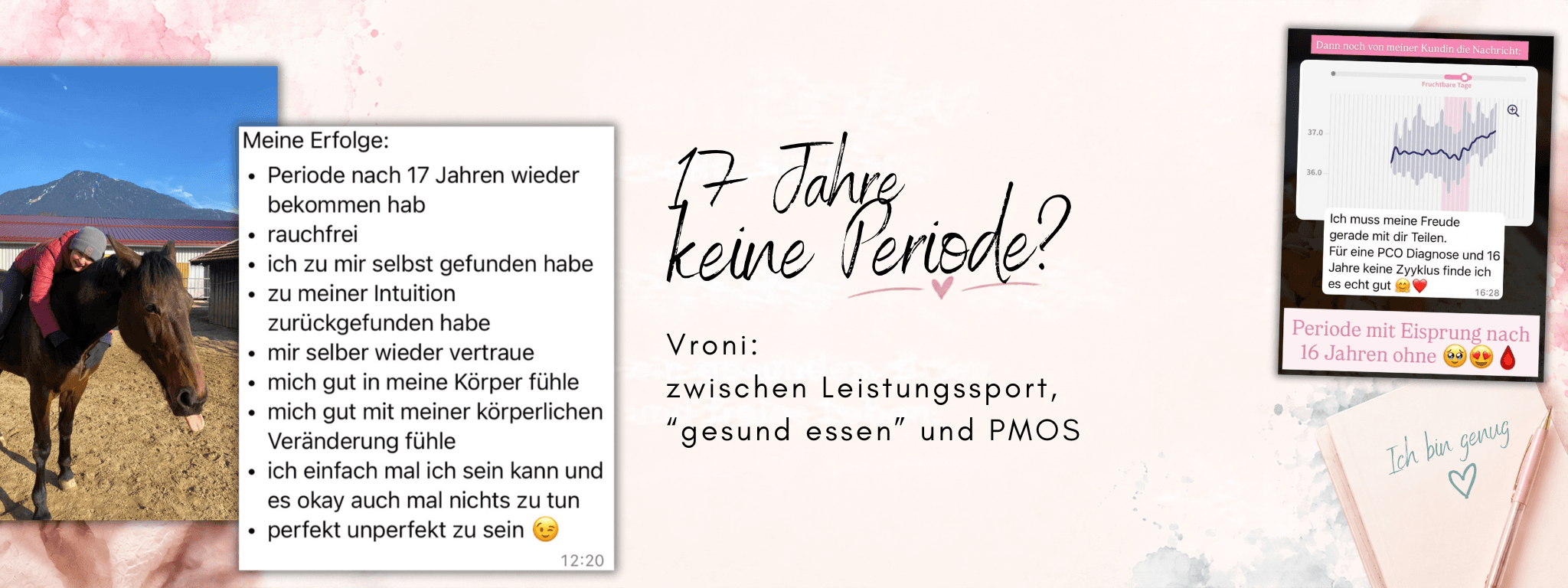 17 Jahre keine Periode? Vroni zwischen Leistungssport, „gesund essen“ und PMOS – Blogbanner mit Vronis Erfolgsliste und ihrer Nachricht zur Periode mit Eisprung