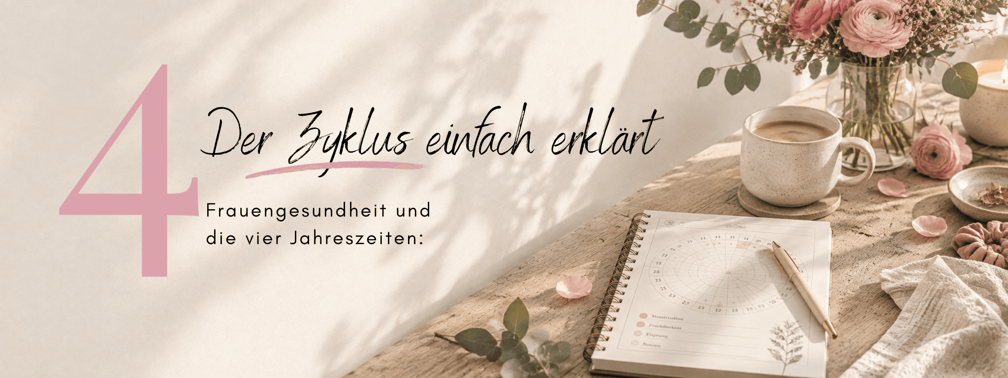 Menstruationszyklus einfach erklärt: Frauengesundheit und die vier Jahreszeiten – Blogbanner von FemBaLina mit Zyklustagebuch, Kaffeetasse und Ranunkeln
